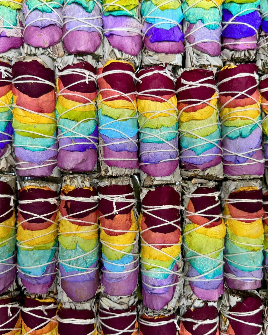 Chakra Smudge Stick, 4" White Sage Wand w/Rainbow Rose Petal