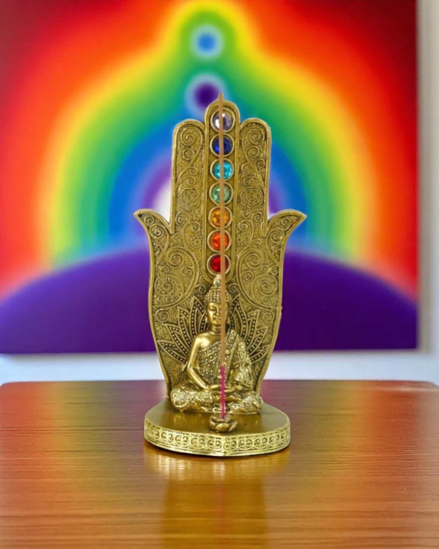 Gold Hamsa Hand with Chakra & Buddha
