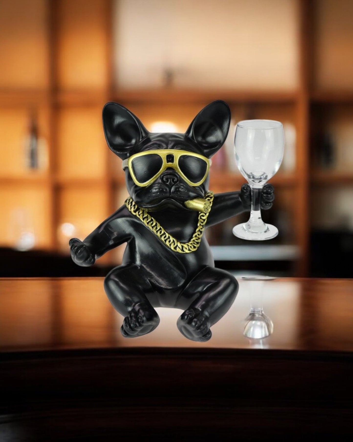 Sitting Black Dog Holding Glass
