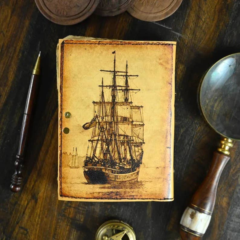 Grimoire Vintage Sailing Ship Boat Leather Journal Handmade