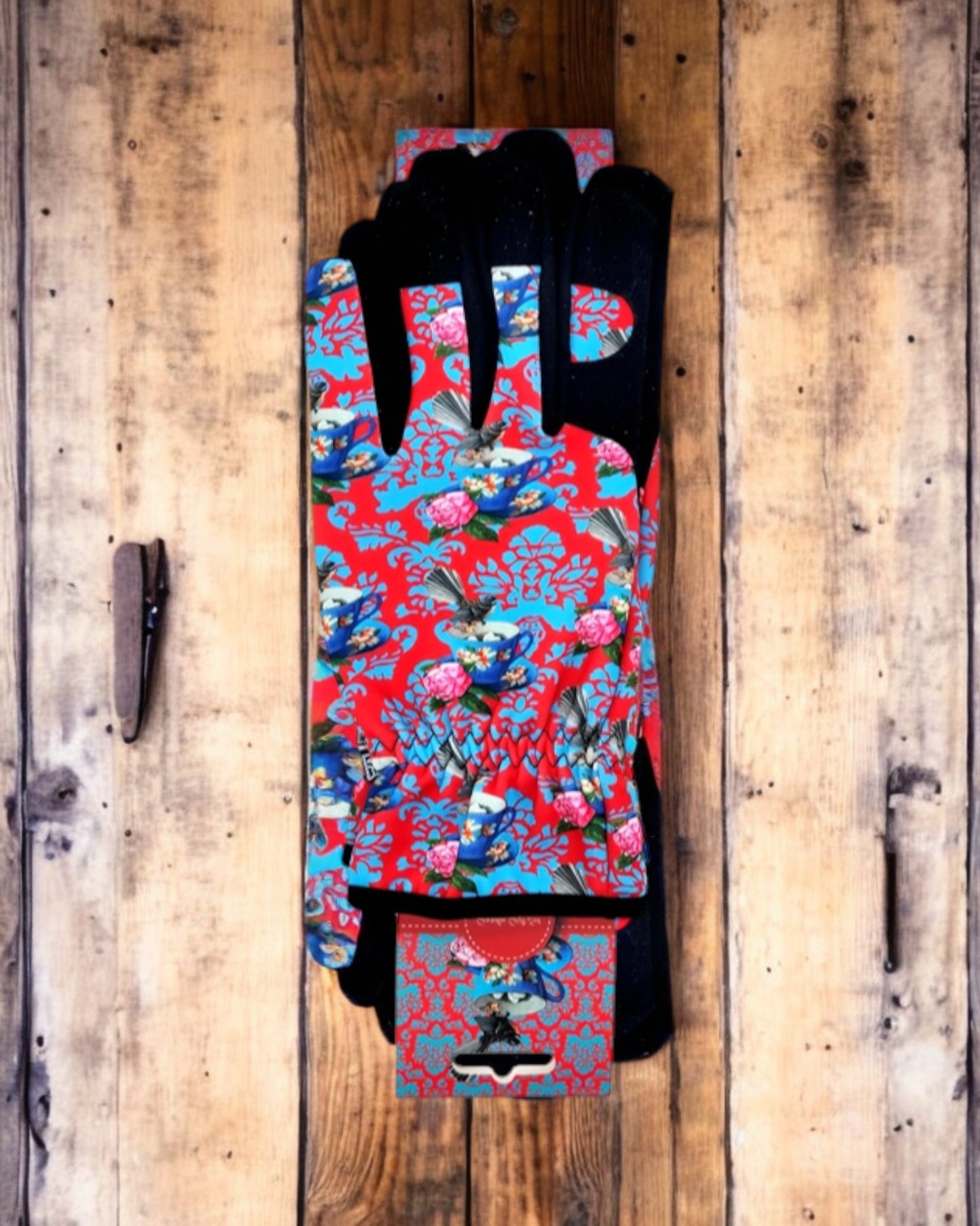 Gardening Gloves - "Nurture" artwork (Fantail Bird with Cup and Rose)