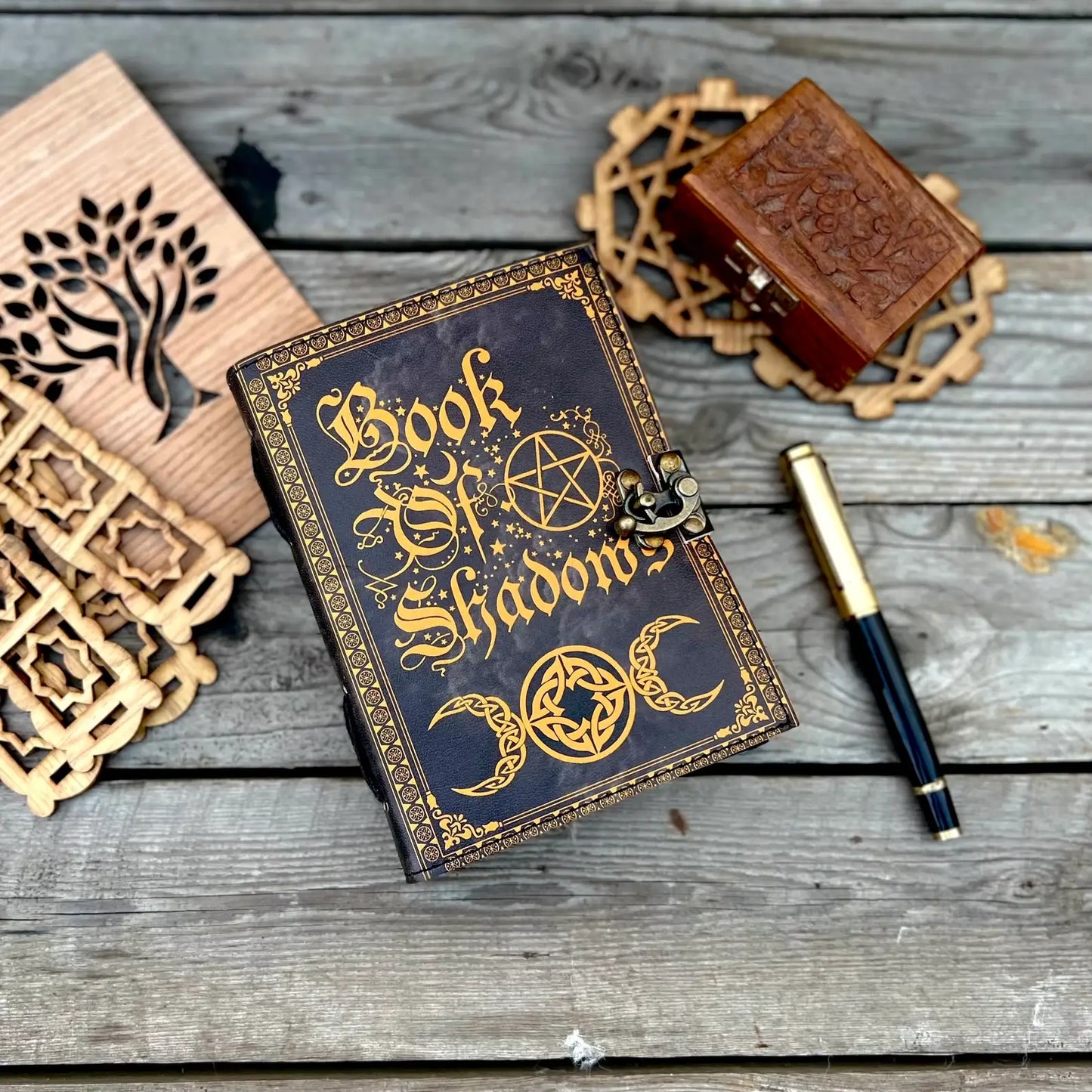 Leather Journal Vintage Notebook with Book of Shadow Print
