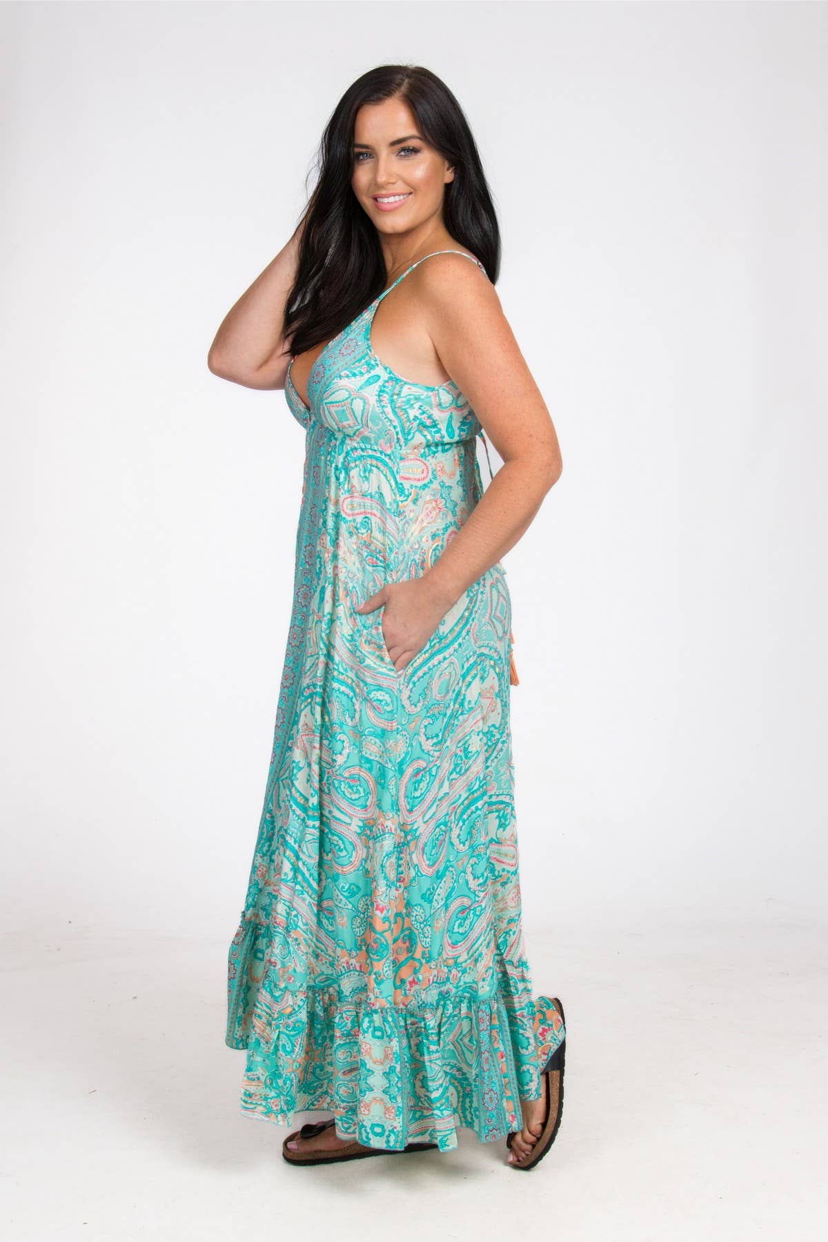 LONG STRAPPY SILK DRESS WITH POCKETS: Mint / One Size