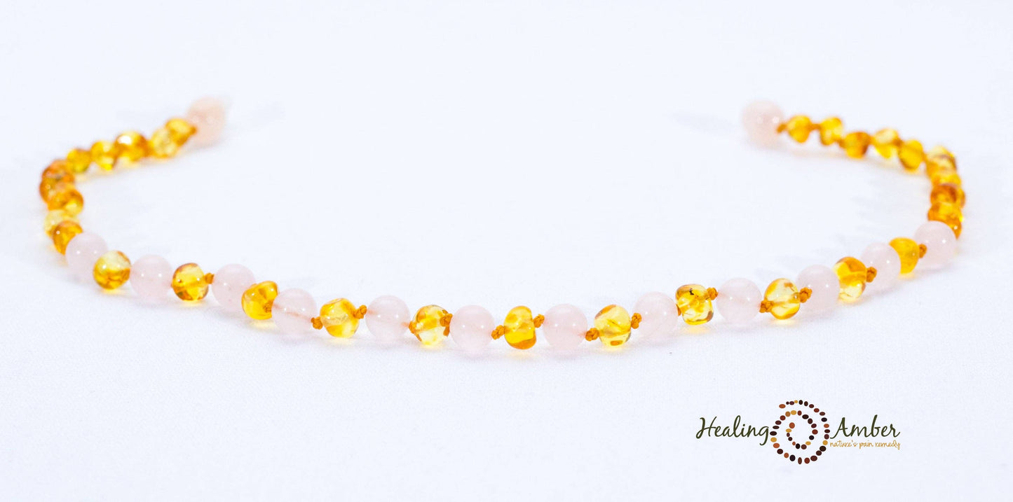 Gold Amber & Rose Quartz-11 inch Amber Necklace