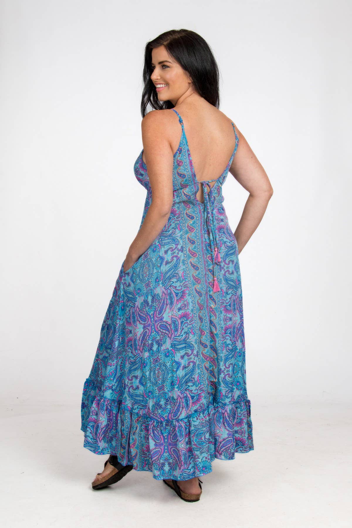 LONG STRAPPY SILK DRESS WITH POCKETS: Blue / One Size