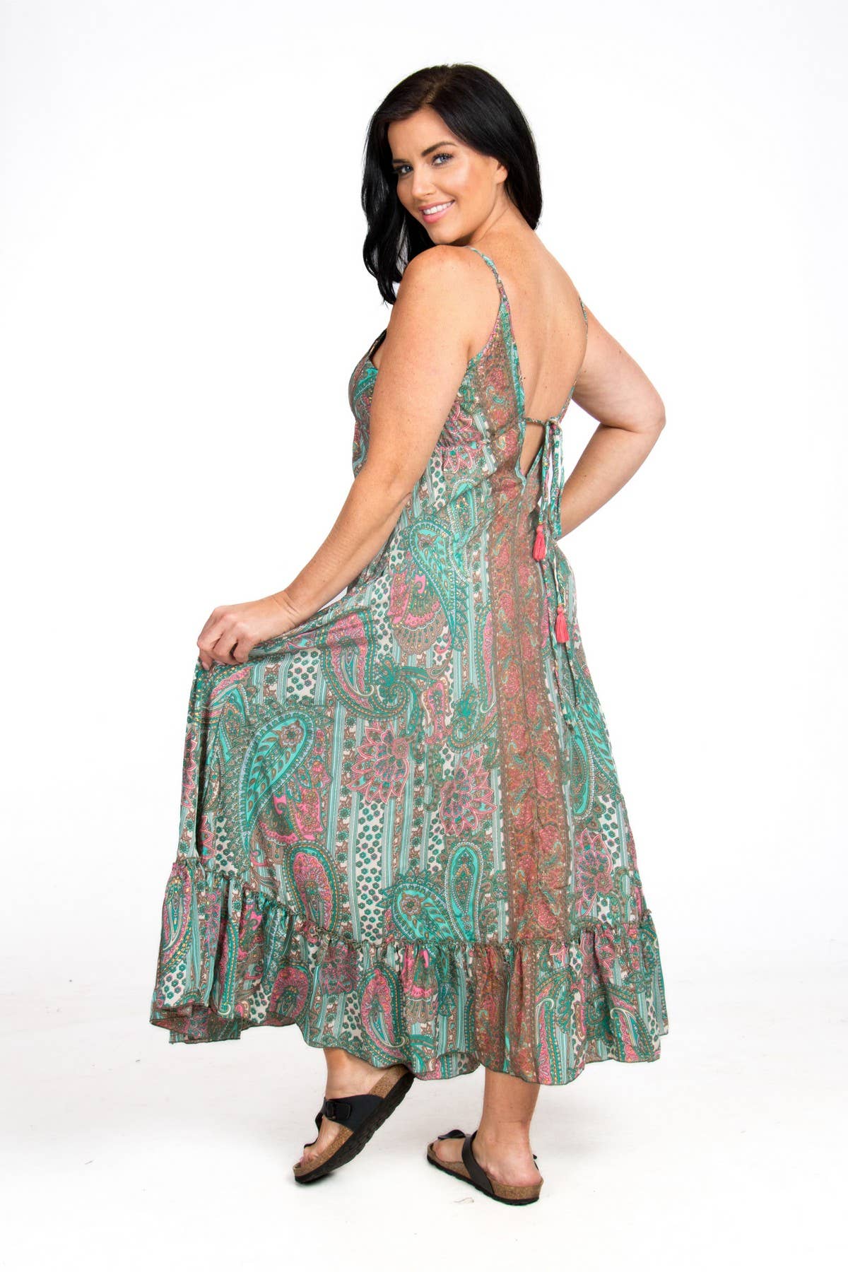 LONG STRAPPY SILK DRESS WITH POCKETS: Green / One Size