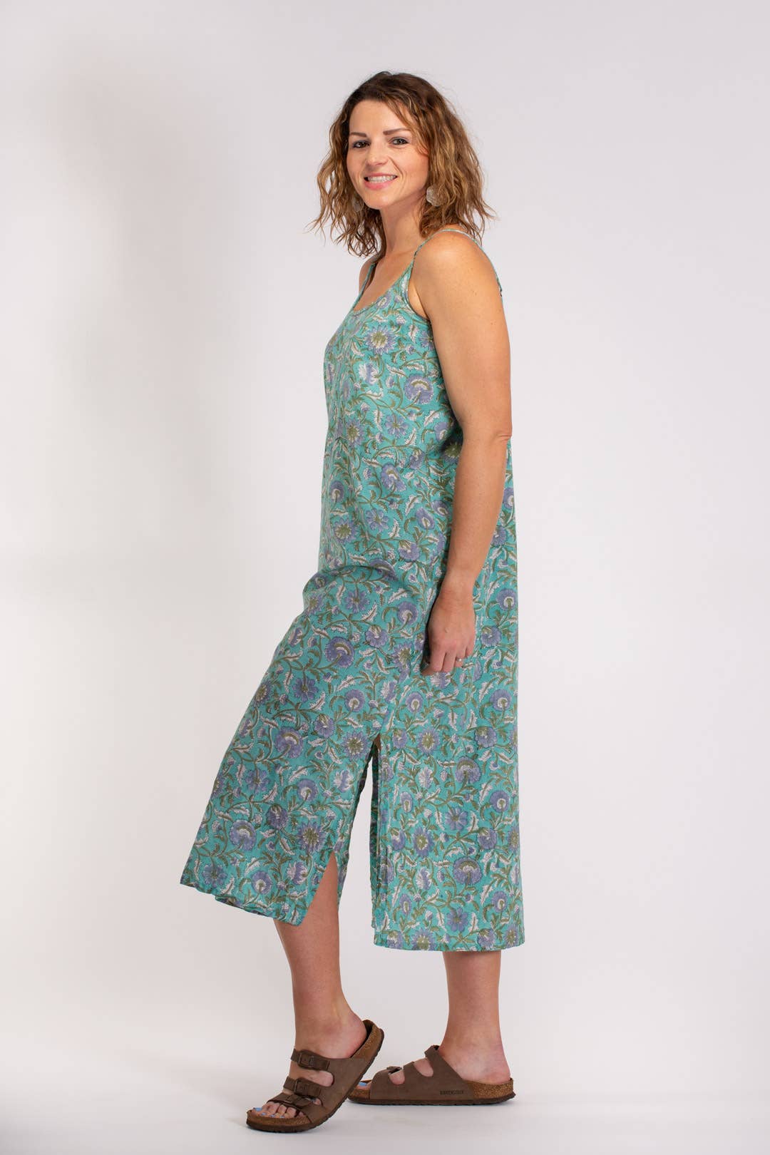 HAND BLOCKED PRINTED COTTON SLIP DRESS: Aqua/Purple / S/M