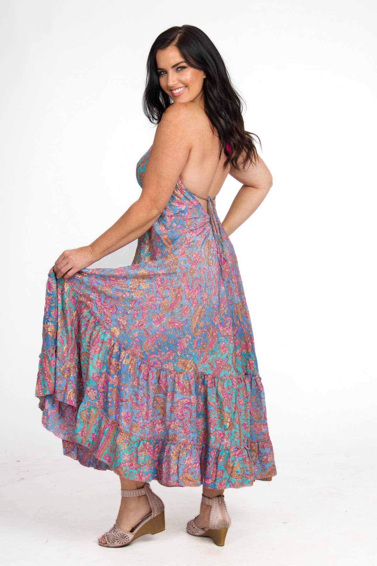 SILK HALTER DRESS: Aqua/Blue / One Size