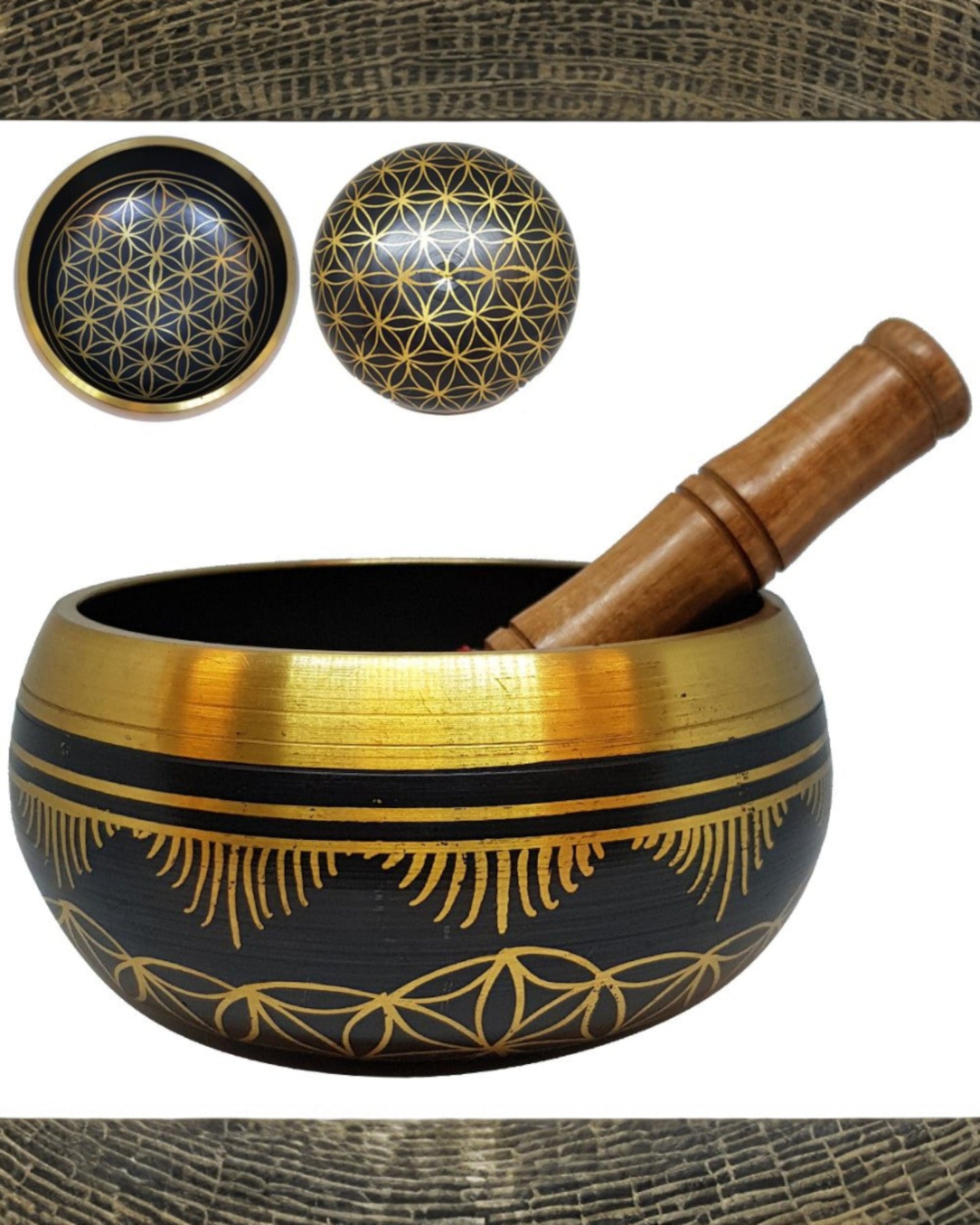 Flower of Life Black Brass Singing Bowl 15cm