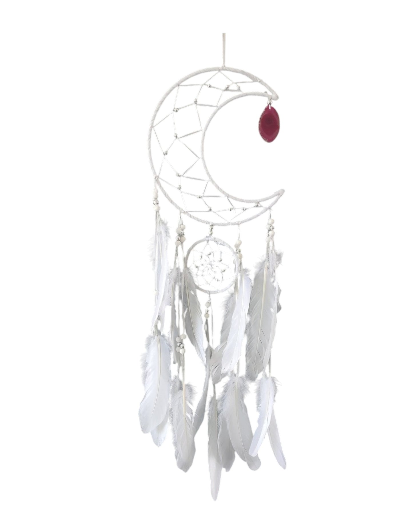White Moon with Pink Agate Dreamcatcher 20cm