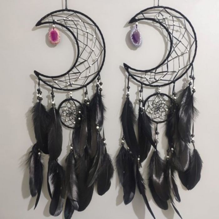 Black Cresant Moon double Dreamcatcher with Agate charm