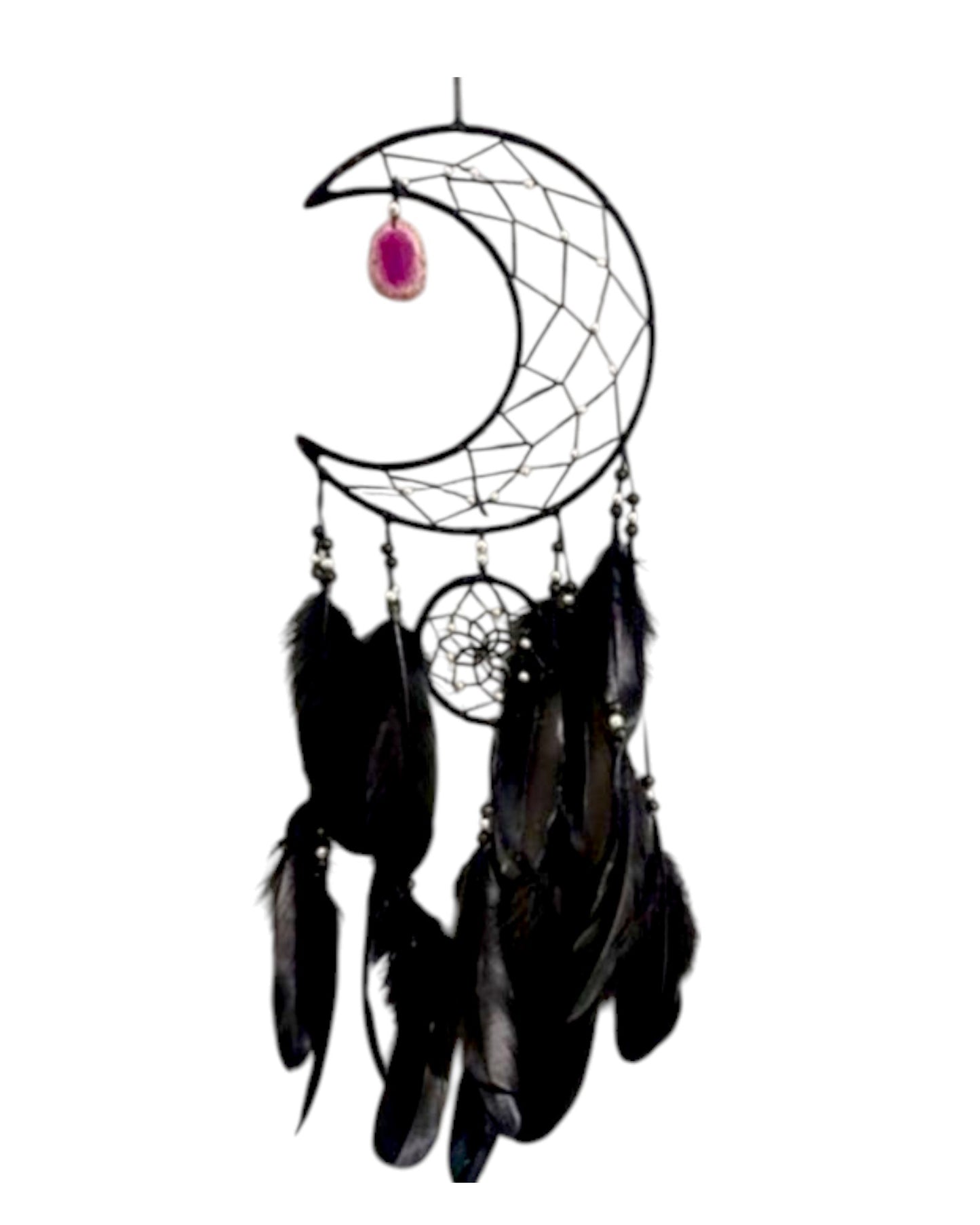 Black Cresant Moon double Dreamcatcher with Agate charm