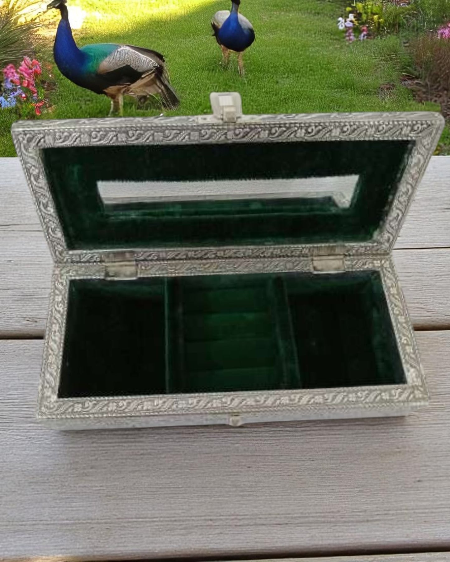 Rounded Jewellery Box with Mirror & Ring Holder Peacock Design