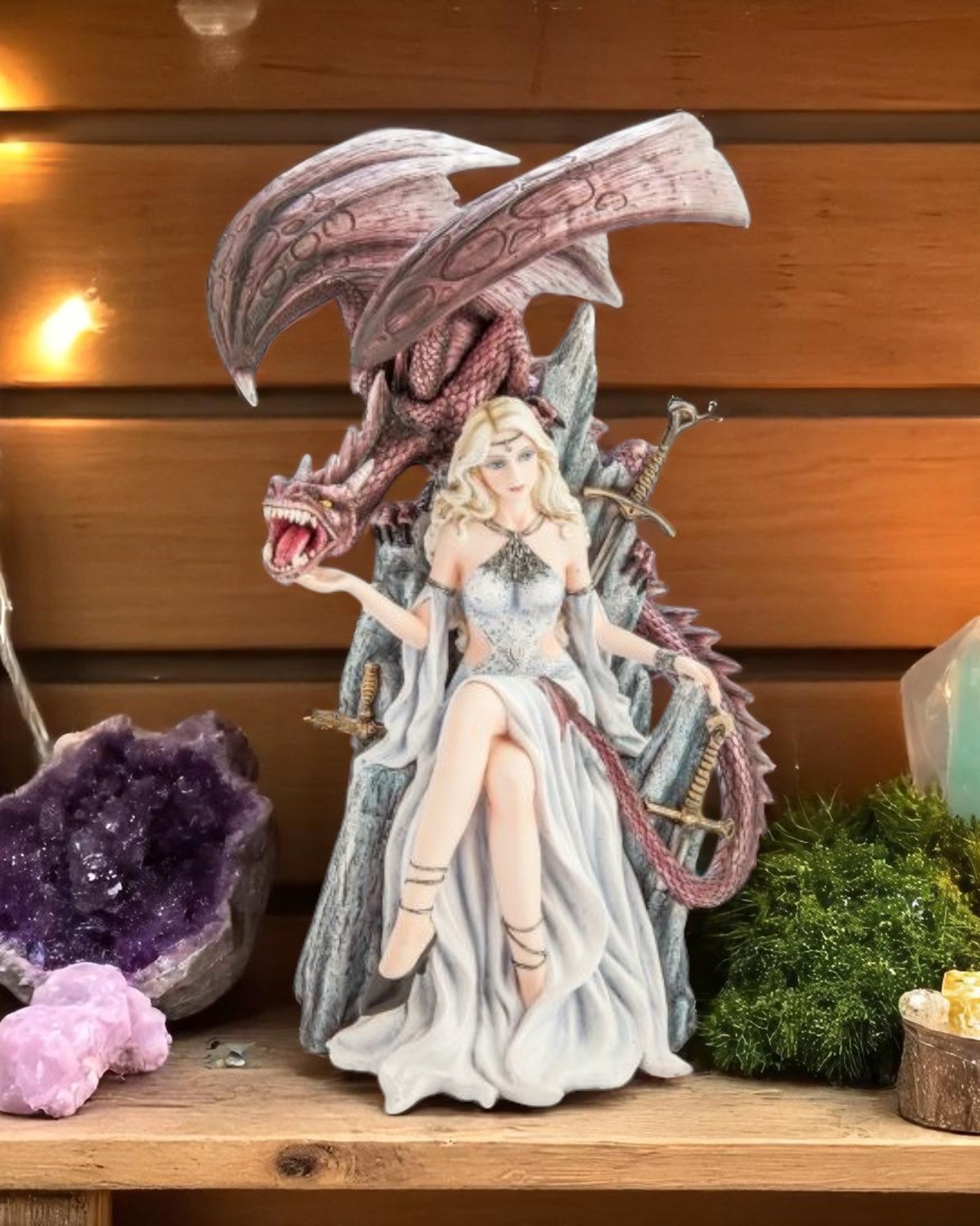 White Queen on Throne with Dragon Figurine