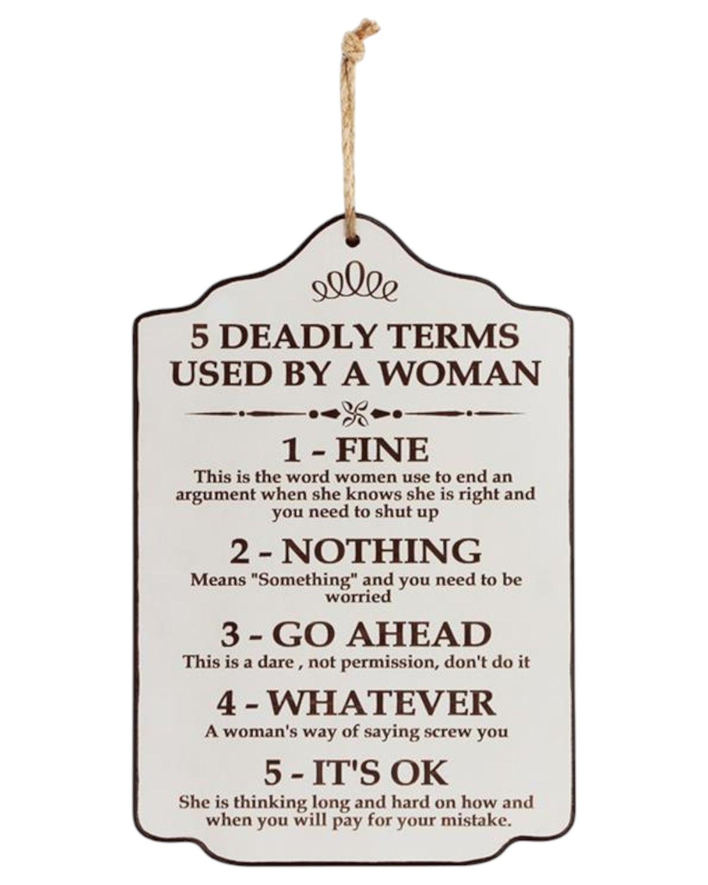 Plaque "Five Deadly Terms According to a Woman"