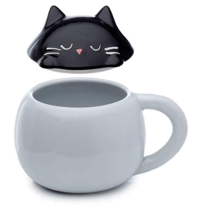 Feline Fine Black Cat Peeping Lid Ceramic Lidded Animal Mug