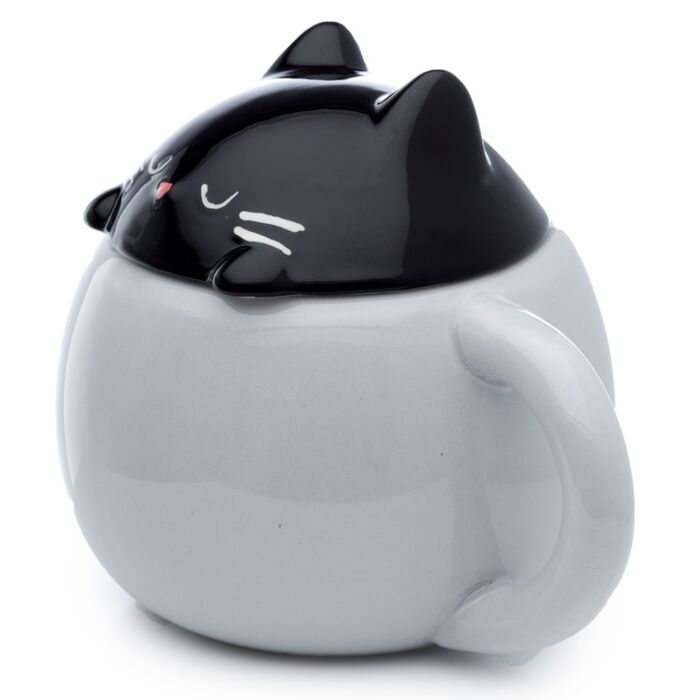 Feline Fine Black Cat Peeping Lid Ceramic Lidded Animal Mug