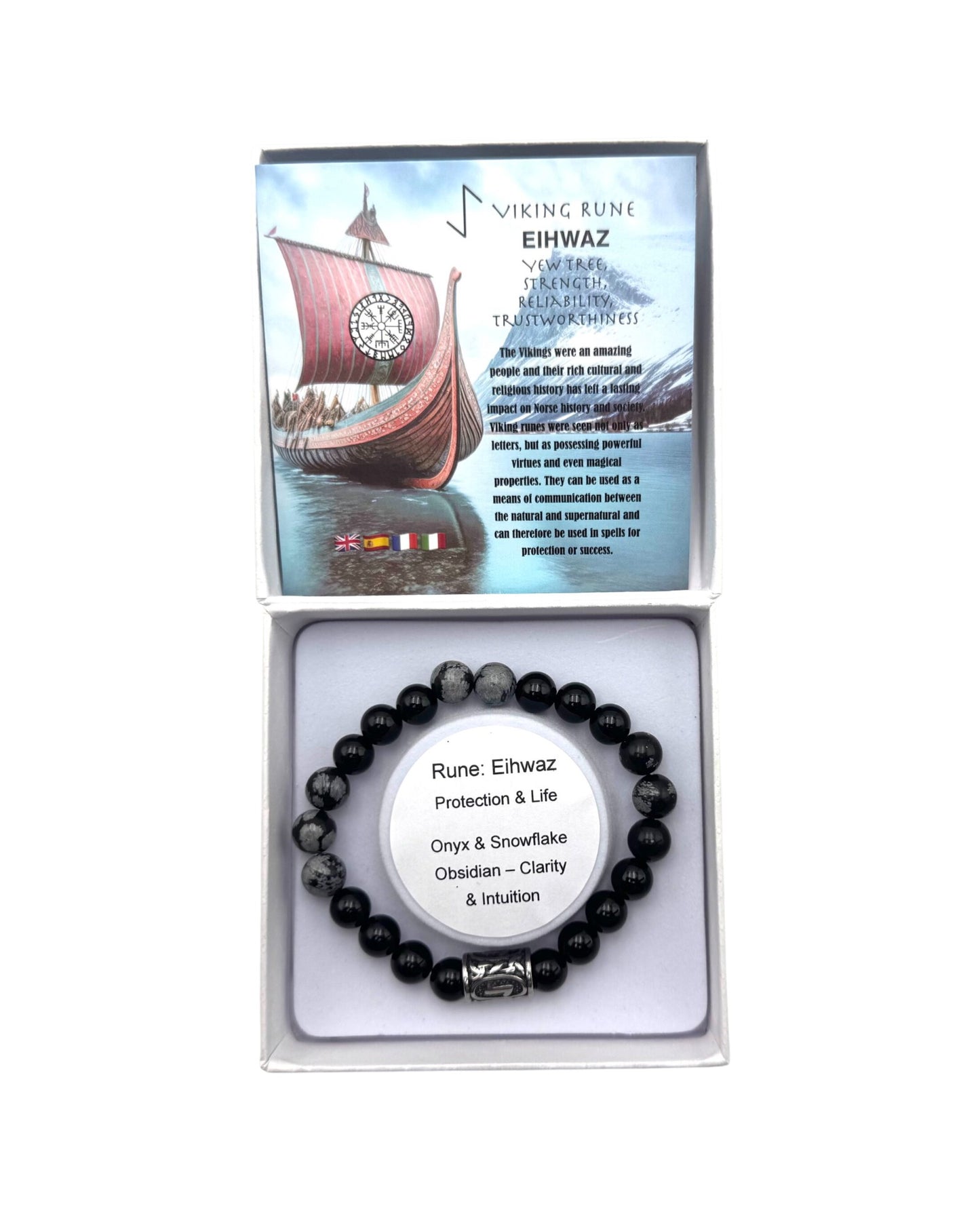 Rune bracelet Onyx & Snowflake Obsidian Elhwaz