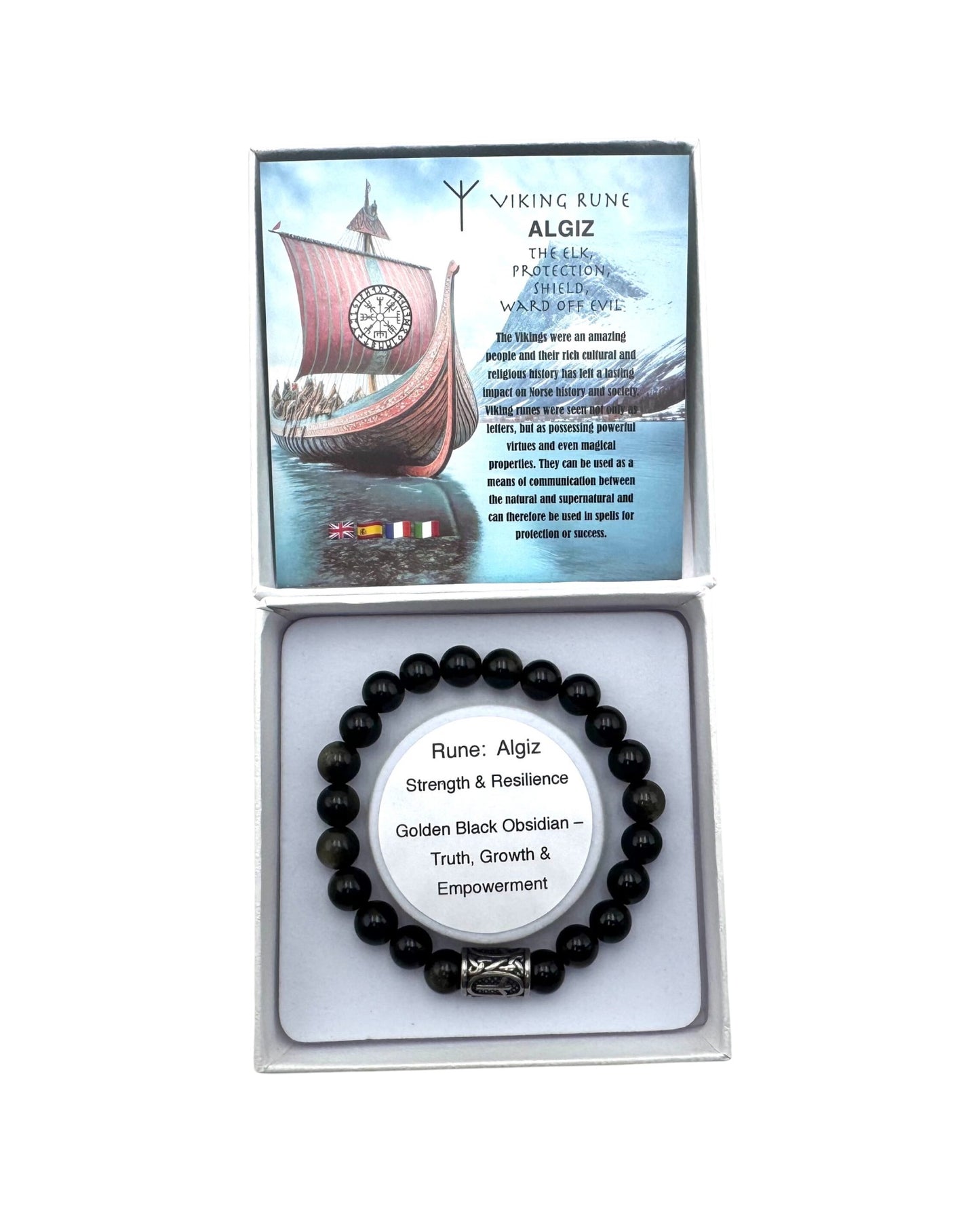 Rune bracelet Golden Black Obsidian Algiz