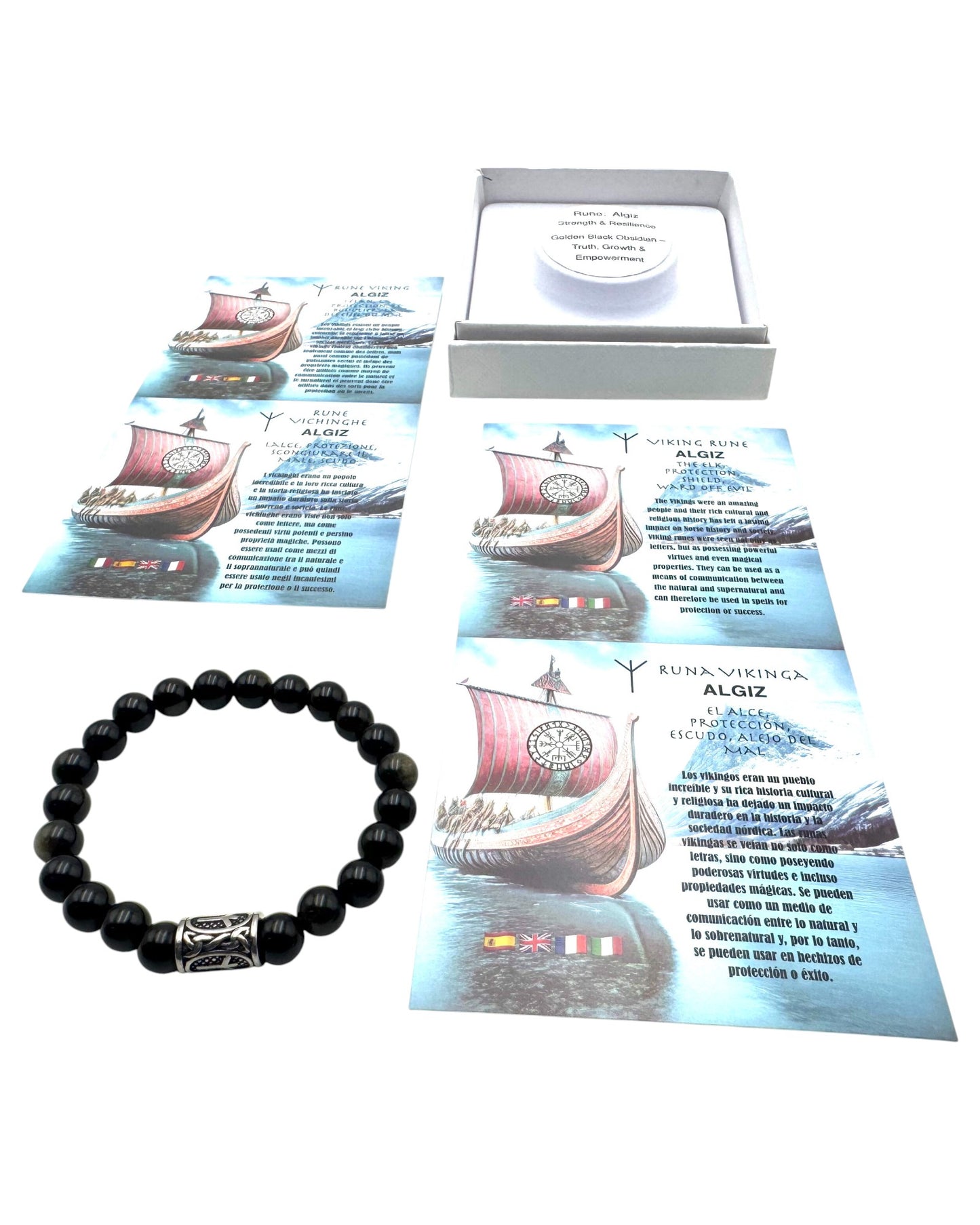 Rune bracelet Golden Black Obsidian Algiz