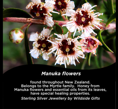 SILVER MANUKA FLOWER PENDANT WITH A ROSE QUARTZ CENTRE STONE.