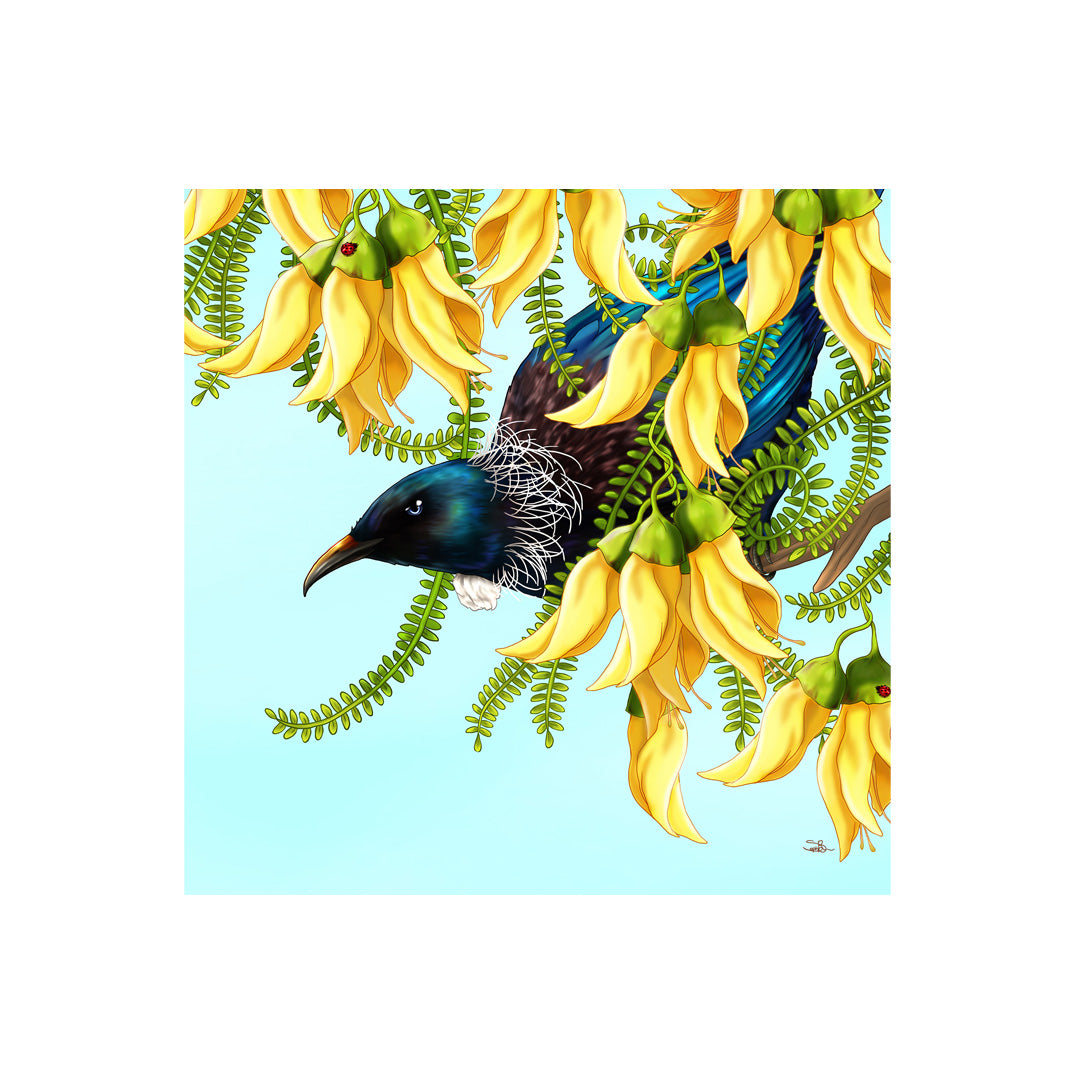 Sophie Blokker 3D Textured Square Ceramic Tile - Peeping Tui in Kowhai