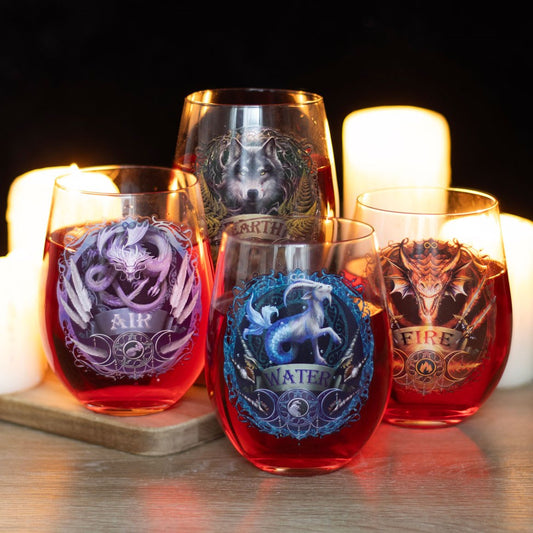 Set of 4 Elemental Stemless Wine Glasses by Anne Stokes NEW!