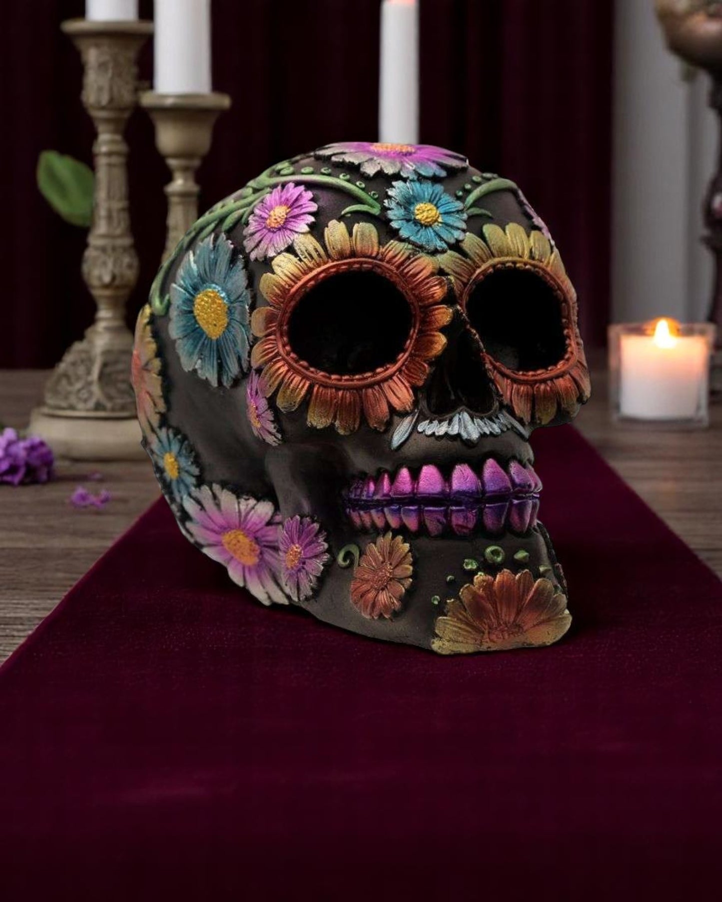 Metallic Day of the Dead Daisy and Flower Skull Decoration
