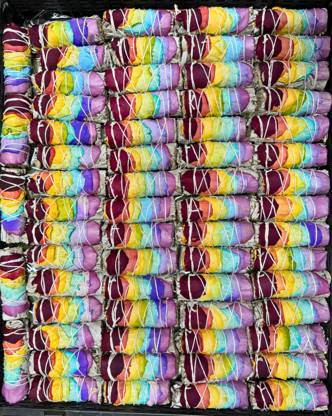 Chakra Smudge Stick, 4" White Sage Wand w/Rainbow Rose Petal