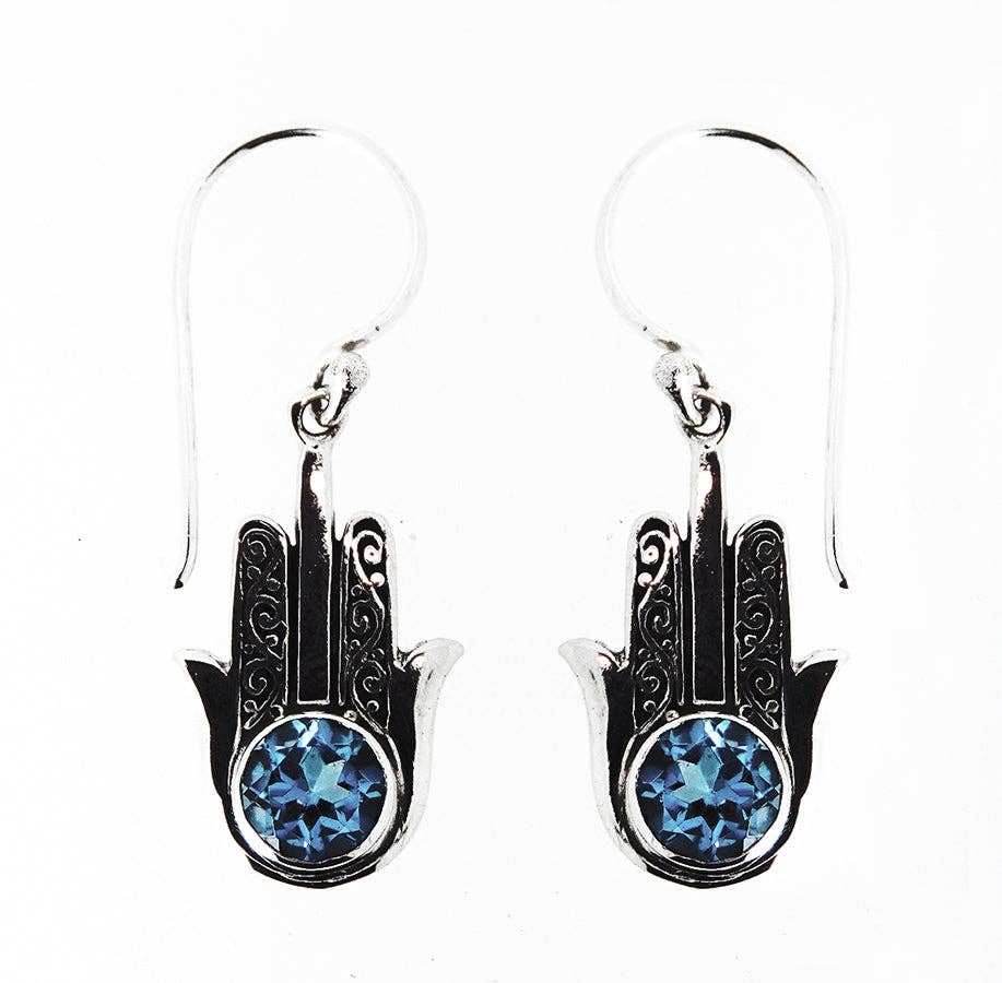 Hamsa Hand Blue Topaz Silver Earrings