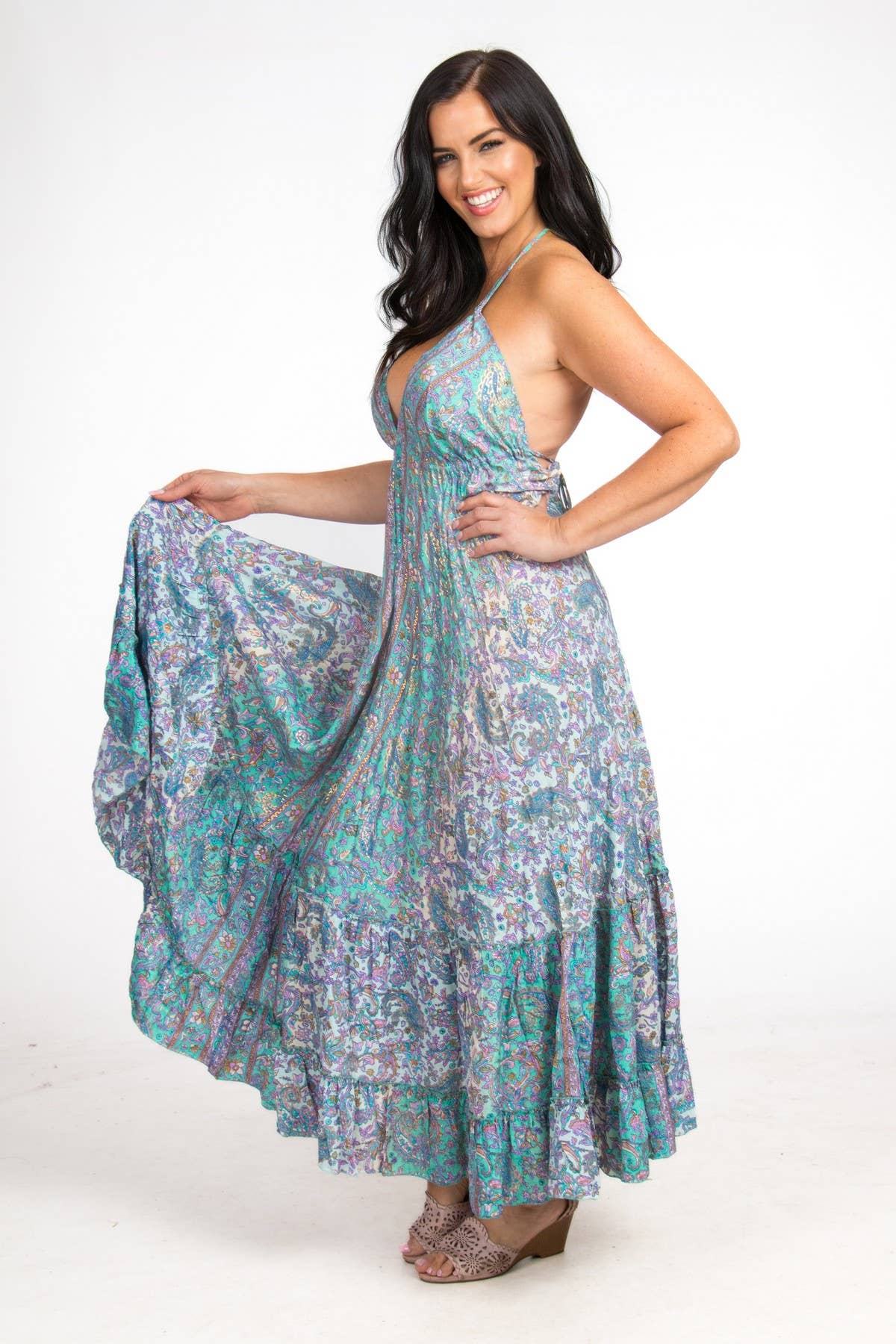 SILK HALTER DRESS: Green/Blue / One Size