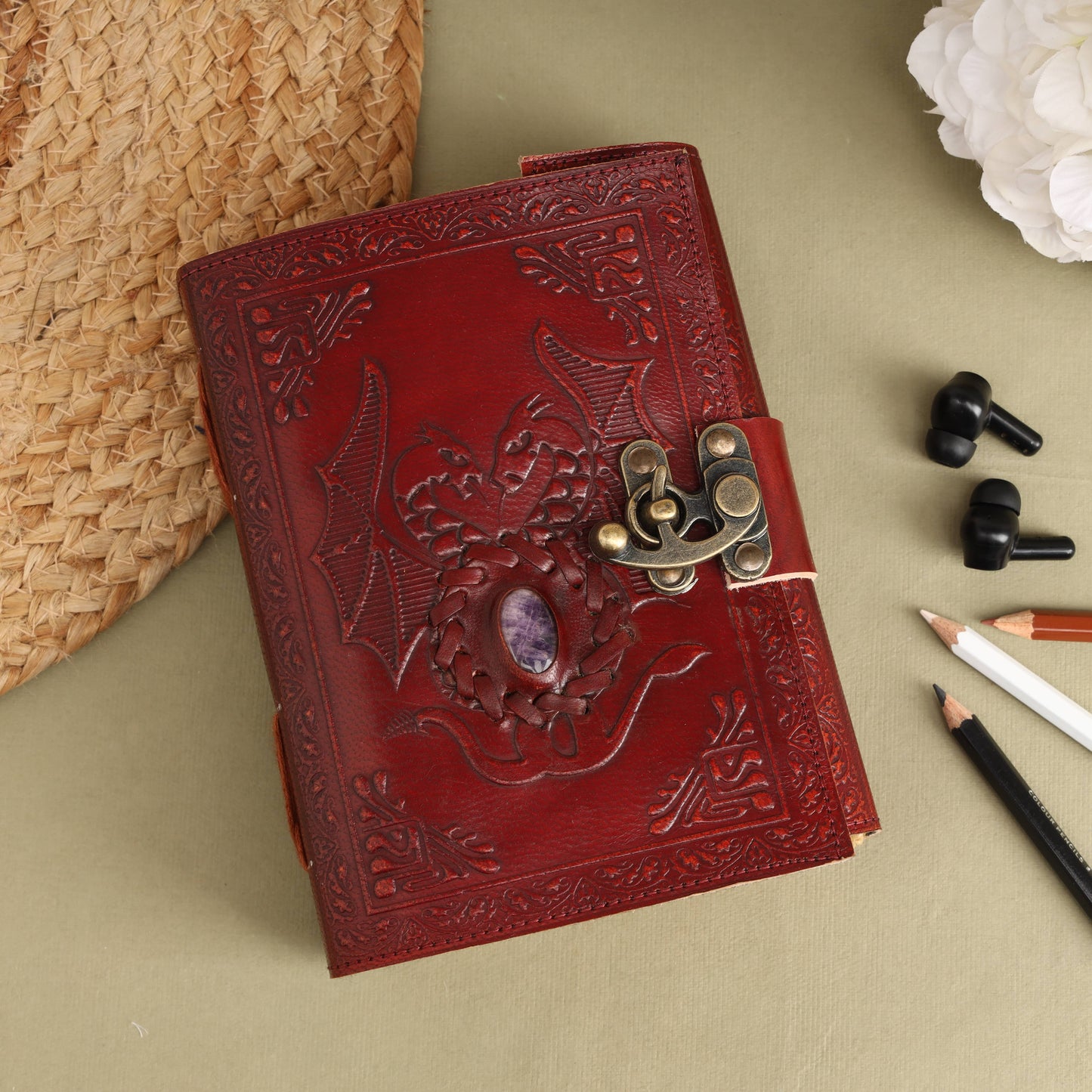 Leather Journal with Stone Dragon Embossed Travel Journal