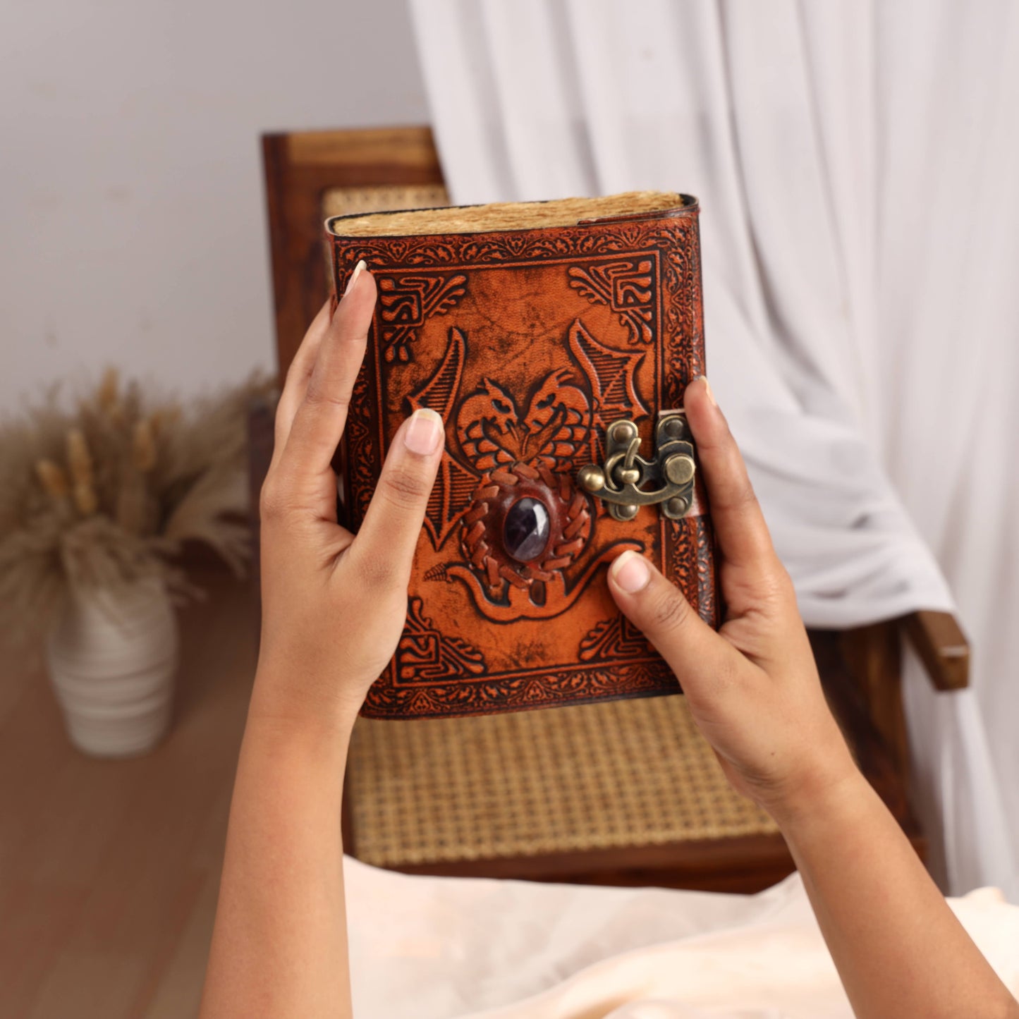 Leather Journal with Amethyst Stone Embossed Dragon Travel Journal