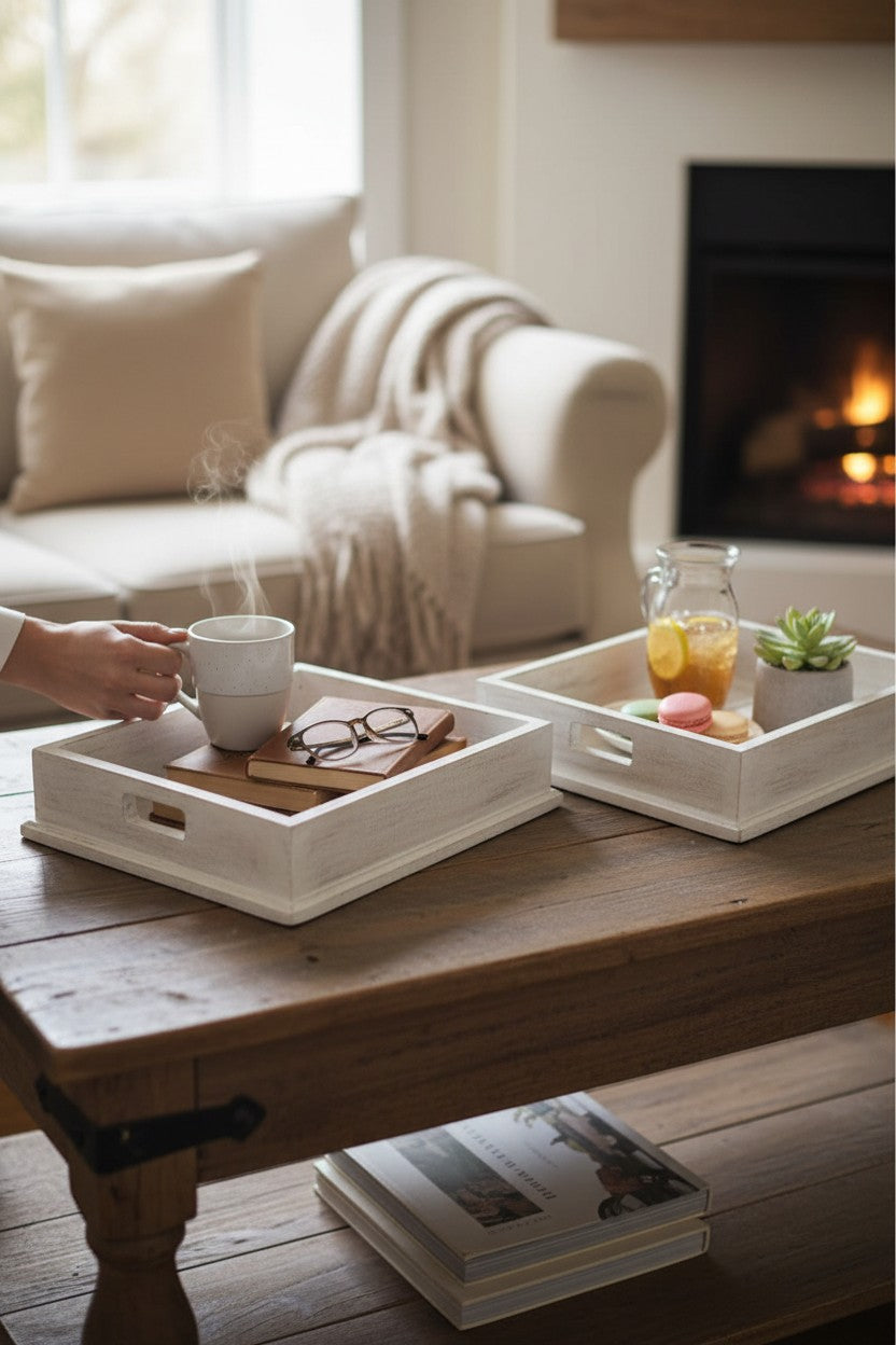 Whitewash Slat Trays set of 2