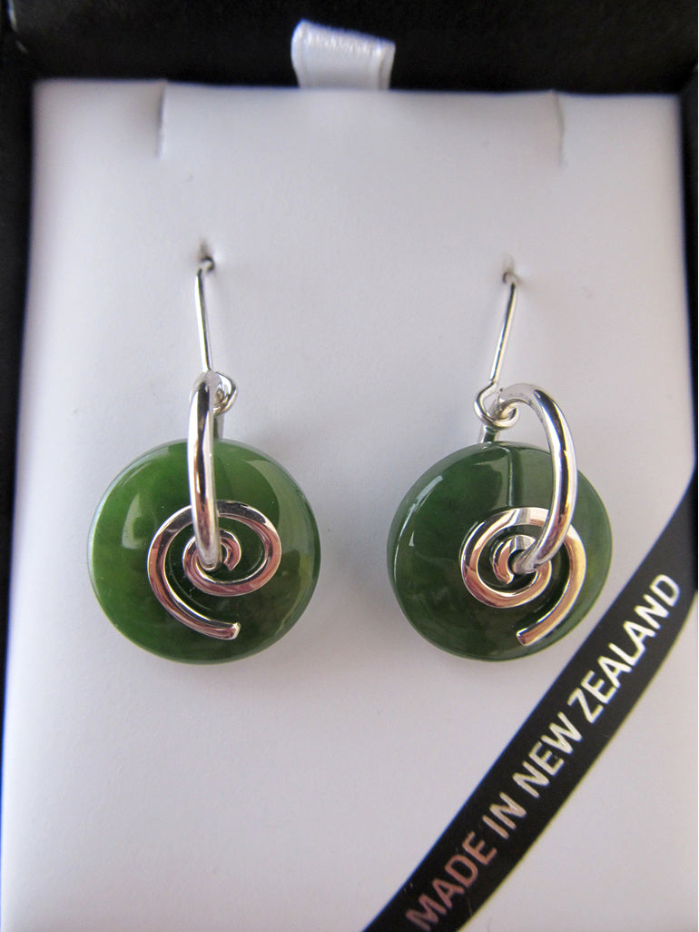 SMOOTH ROUND GREENSTONE EARRINGS WITH SILVER KORU