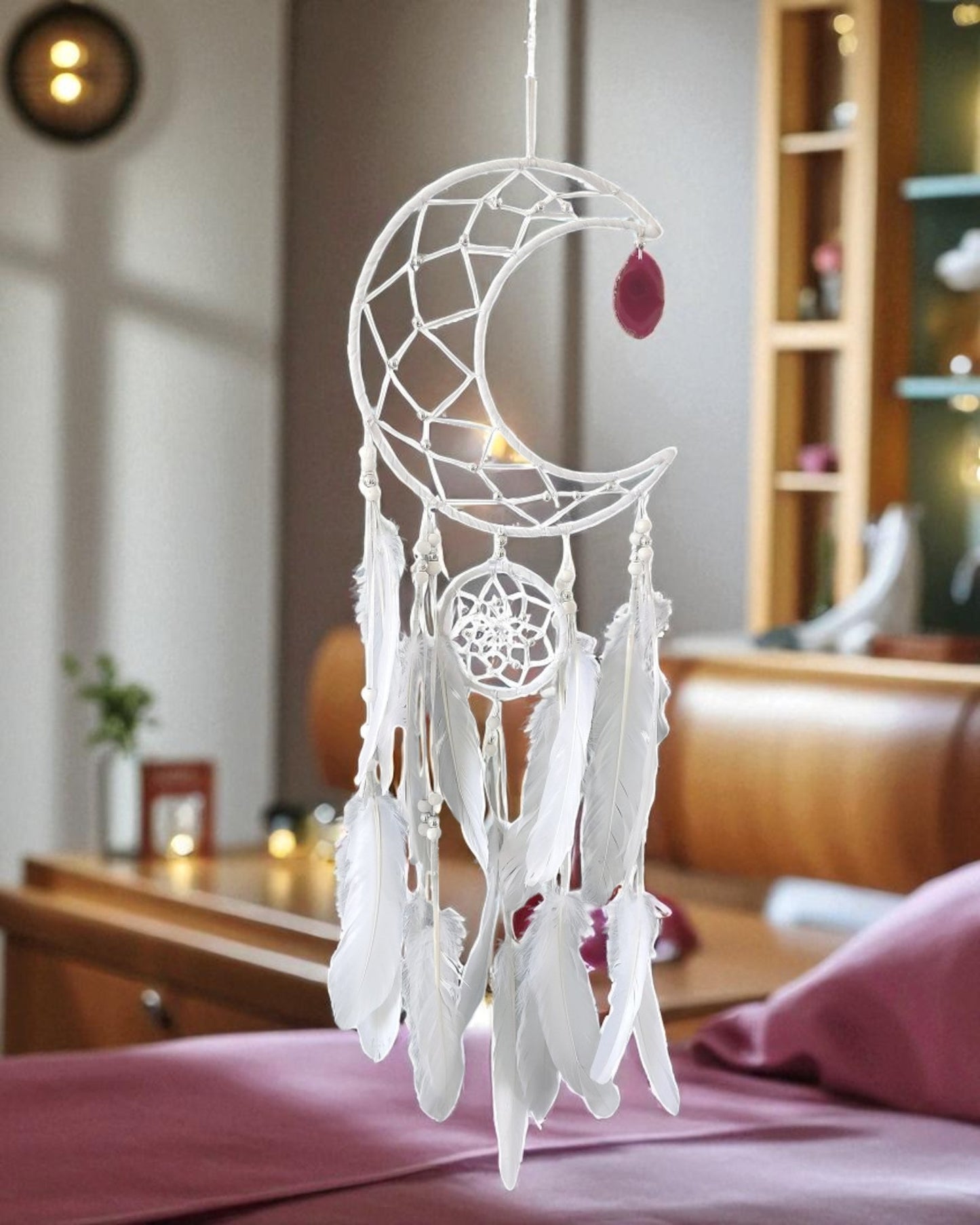 White Moon with Pink Agate Dreamcatcher 20cm
