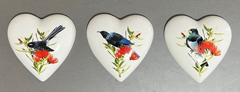 Native Bird with Pohutukawa Ceramic Hearts