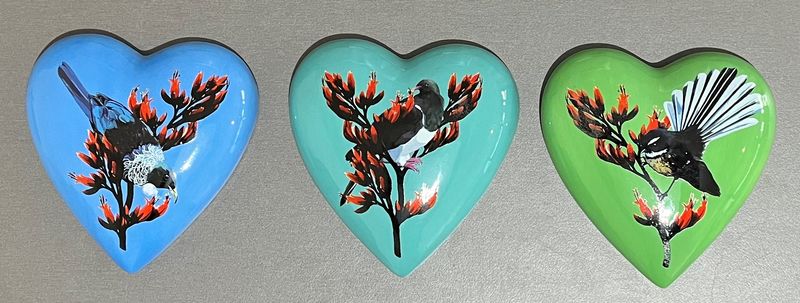 Native Bird with Flax flowers Ceramic Hearts
