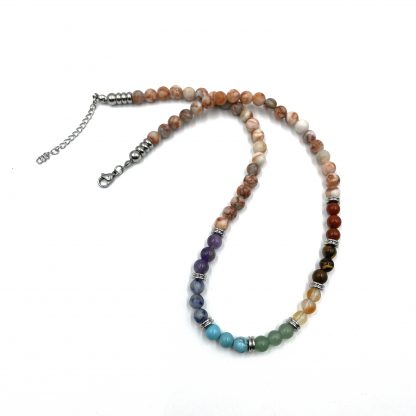 Red Veined White Onyx Chakra Necklace with Tumbled Stones