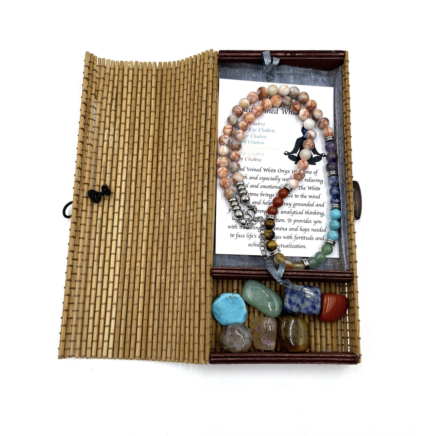 Red Veined White Onyx Chakra Necklace with Tumbled Stones