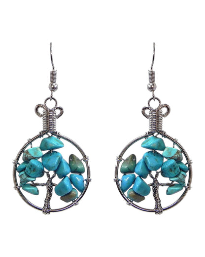 Round Chip Stone Tree of Life Wire Wrapped Dangle Earrings