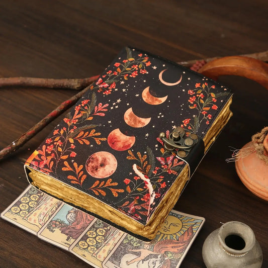 Leather Journal Blank Vintage Notebook with Moon Print  