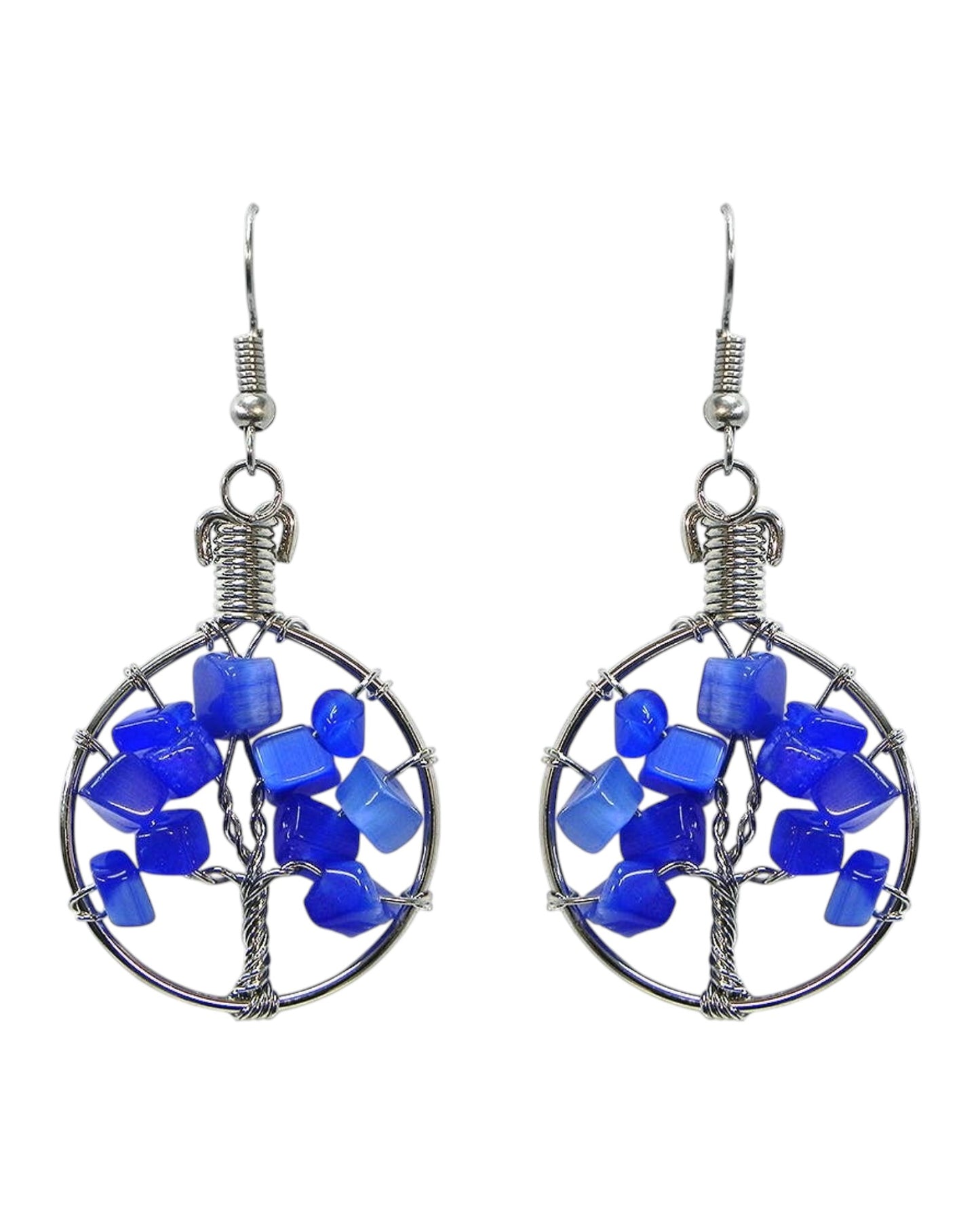 Round Chip Stone Tree of Life Wire Wrapped Dangle Earrings