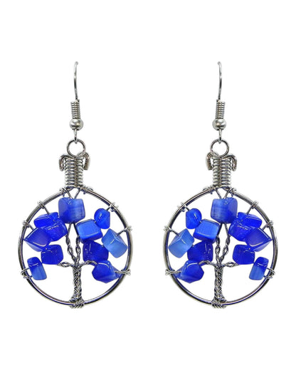 Round Chip Stone Tree of Life Wire Wrapped Dangle Earrings