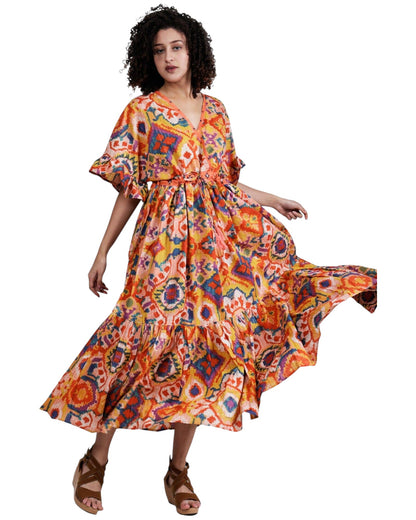 Abstract Screen Print Empire Waist Maxi Dress