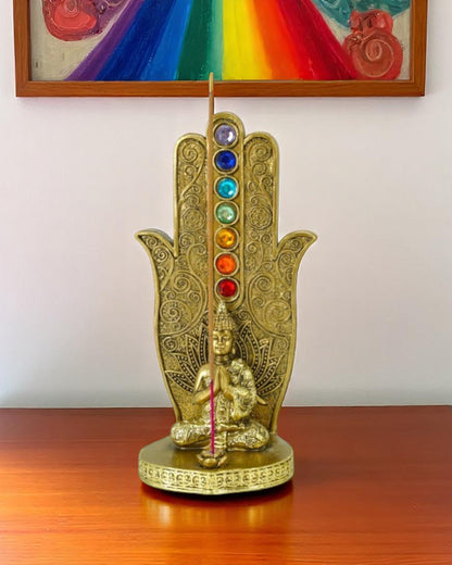 Gold Hamsa Hand with Chakra & Buddha
