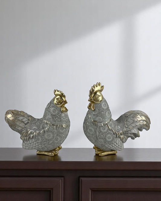 20cm Hen & Rooster in Gold and White