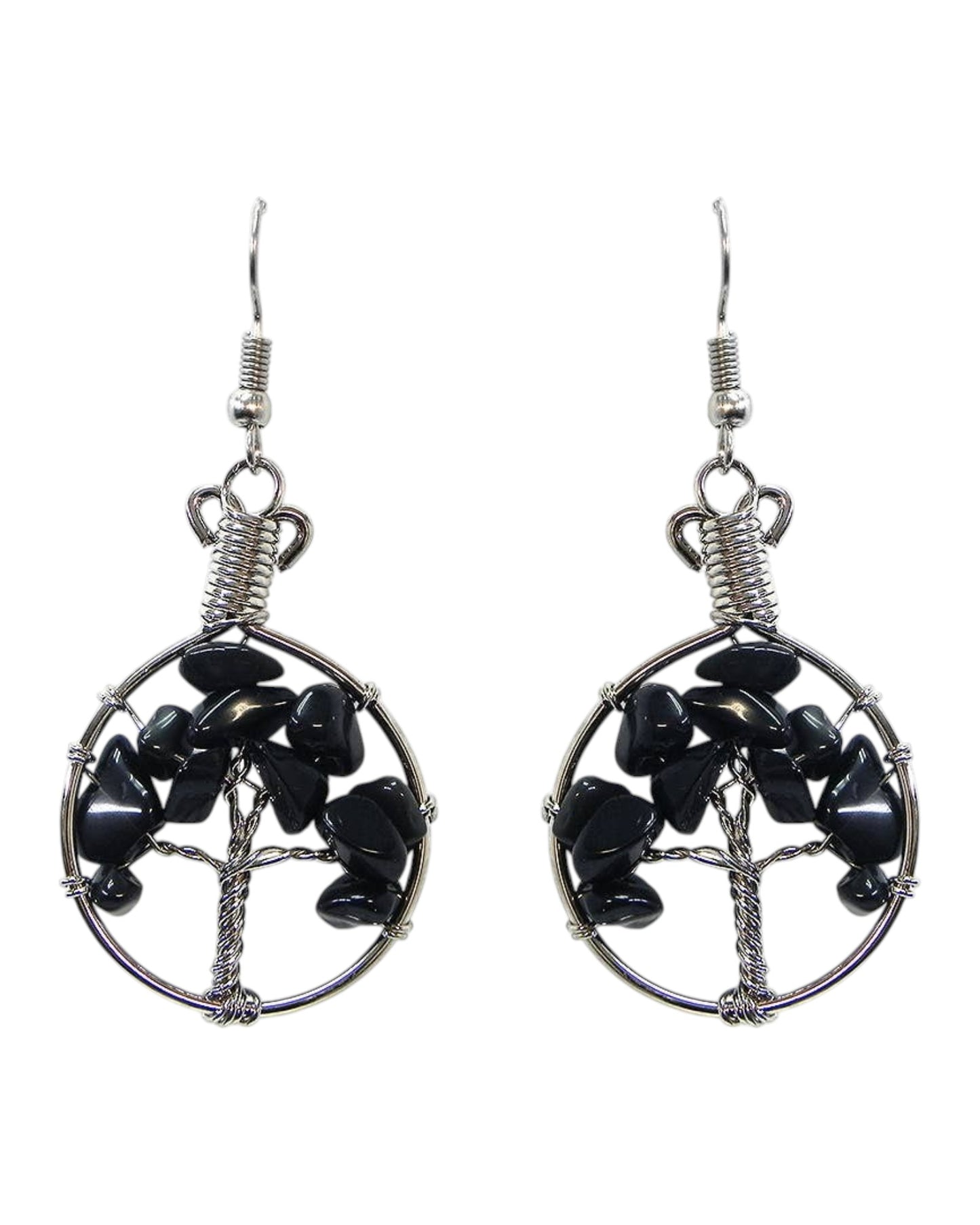 Round Chip Stone Tree of Life Wire Wrapped Dangle Earrings