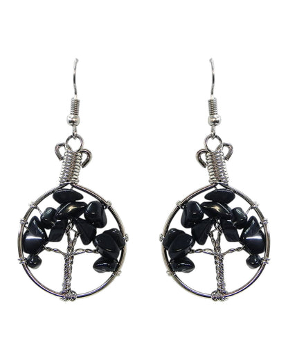 Round Chip Stone Tree of Life Wire Wrapped Dangle Earrings