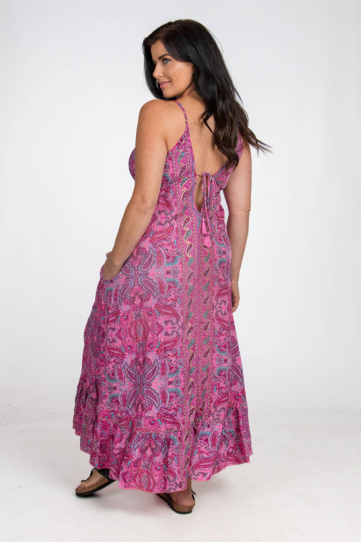 LONG STRAPPY SILK DRESS WITH POCKETS: Pink / One Size